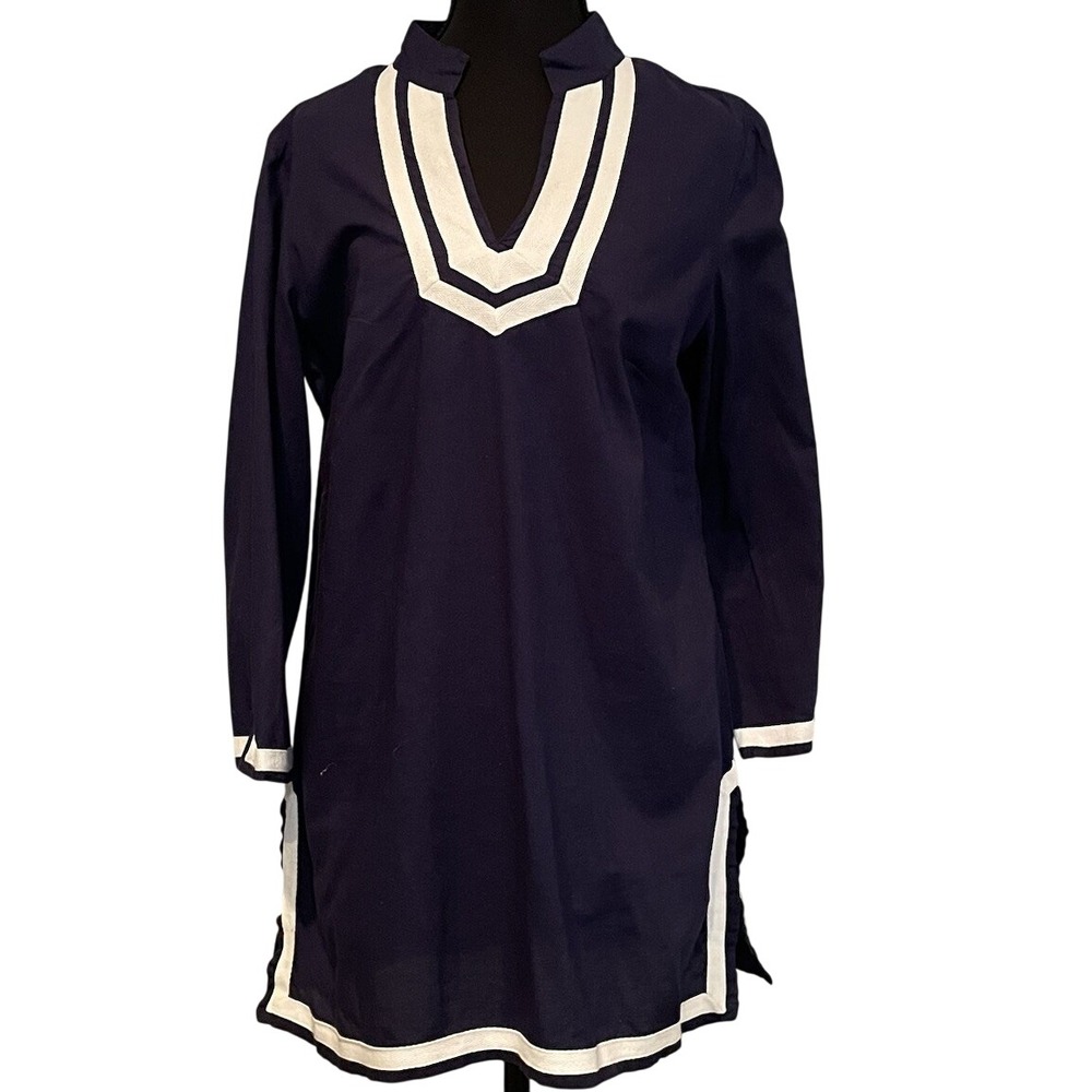 Brooks Brothers 346 Cotton Navy & White Trim 3/4 Sleeve Tunic Top M Coastal Chic